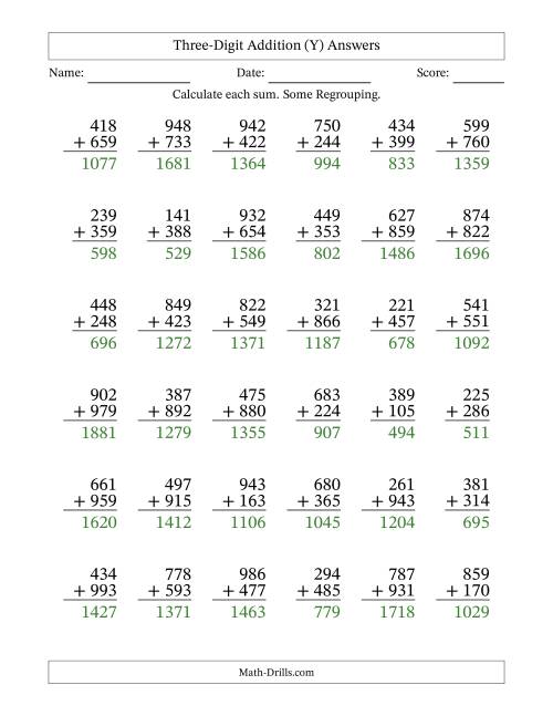 The Three-Digit Addition With Some Regrouping – 36 Questions (Y) Math Worksheet Page 2