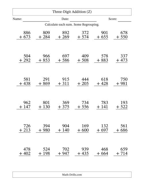 The Three-Digit Addition With Some Regrouping – 36 Questions (Z) Math Worksheet