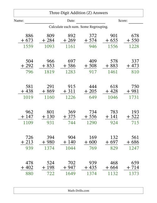 The Three-Digit Addition With Some Regrouping – 36 Questions (Z) Math Worksheet Page 2