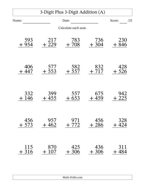 3-Digit Plus 3-Digit Addition with SOME Regrouping (A) Addition Worksheet