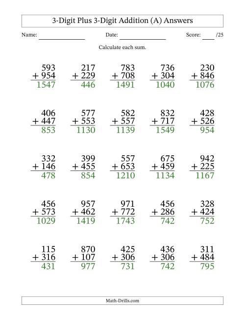 The 3-Digit Plus 3-Digit Addition With Some Regrouping (25 Questions) (A) Math Worksheet Page 2