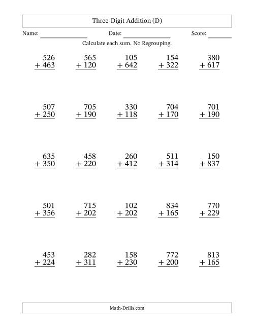 The Three-Digit Addition With No Regrouping – 25 Questions (D) Math Worksheet