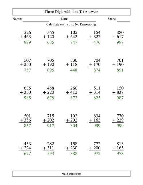 The Three-Digit Addition With No Regrouping – 25 Questions (D) Math Worksheet Page 2