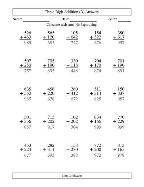 3-Digit Plus 3-Digit Addition with NO Regrouping (D)