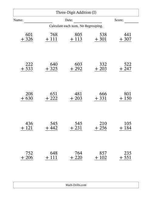 The Three-Digit Addition With No Regrouping – 25 Questions (I) Math Worksheet