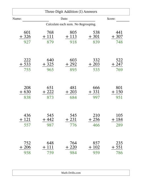 The Three-Digit Addition With No Regrouping – 25 Questions (I) Math Worksheet Page 2