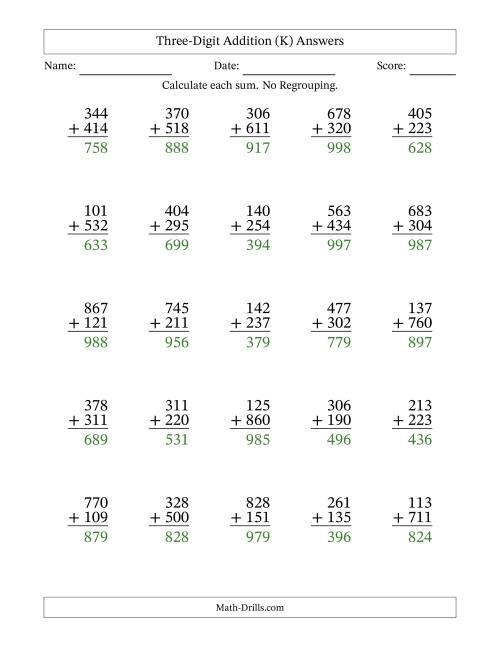 The Three-Digit Addition With No Regrouping – 25 Questions (K) Math Worksheet Page 2