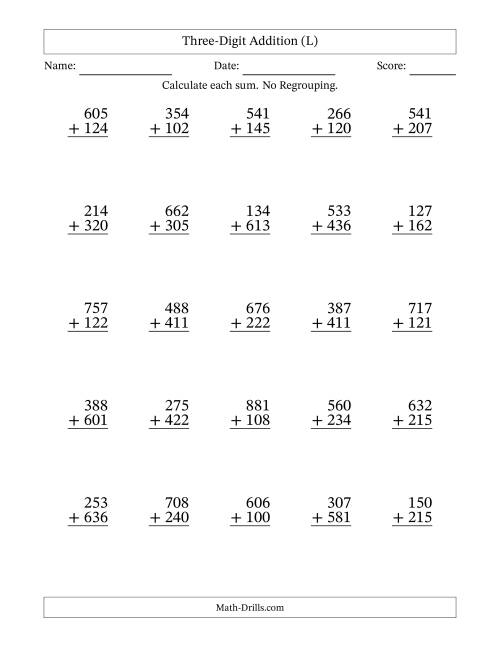 The Three-Digit Addition With No Regrouping – 25 Questions (L) Math Worksheet