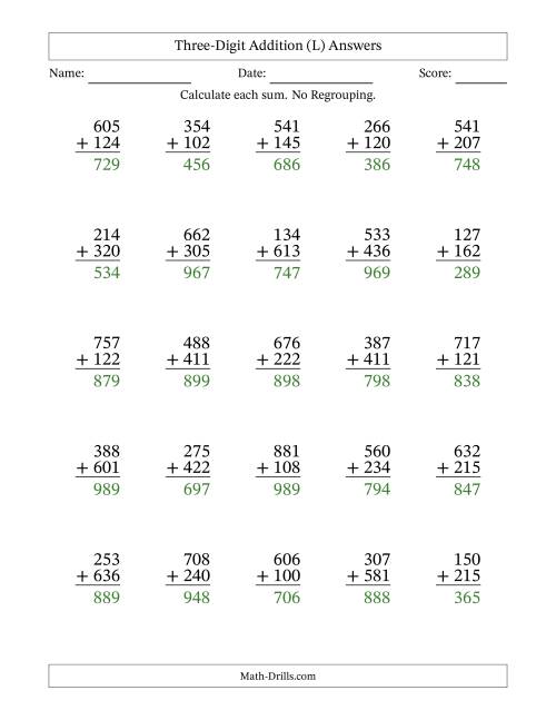 The Three-Digit Addition With No Regrouping – 25 Questions (L) Math Worksheet Page 2