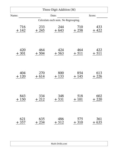 The Three-Digit Addition With No Regrouping – 25 Questions (M) Math Worksheet
