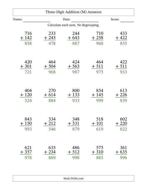 The Three-Digit Addition With No Regrouping – 25 Questions (M) Math Worksheet Page 2