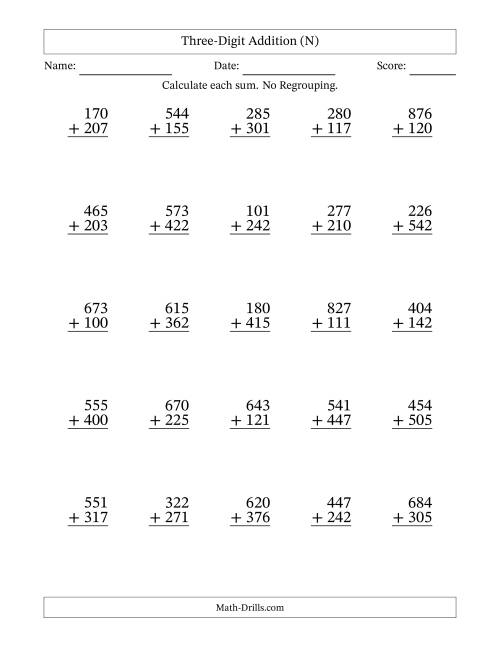 The Three-Digit Addition With No Regrouping – 25 Questions (N) Math Worksheet
