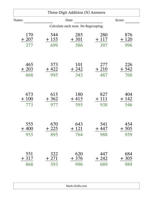 The Three-Digit Addition With No Regrouping – 25 Questions (N) Math Worksheet Page 2