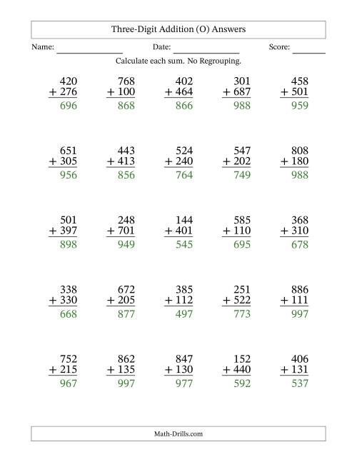 The Three-Digit Addition With No Regrouping – 25 Questions (O) Math Worksheet Page 2