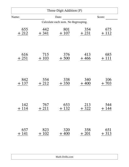 The Three-Digit Addition With No Regrouping – 25 Questions (P) Math Worksheet