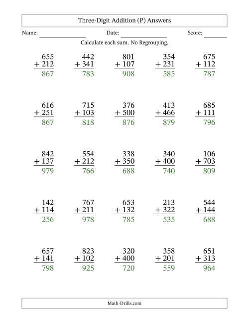 The Three-Digit Addition With No Regrouping – 25 Questions (P) Math Worksheet Page 2