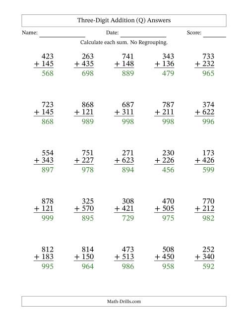 The Three-Digit Addition With No Regrouping – 25 Questions (Q) Math Worksheet Page 2