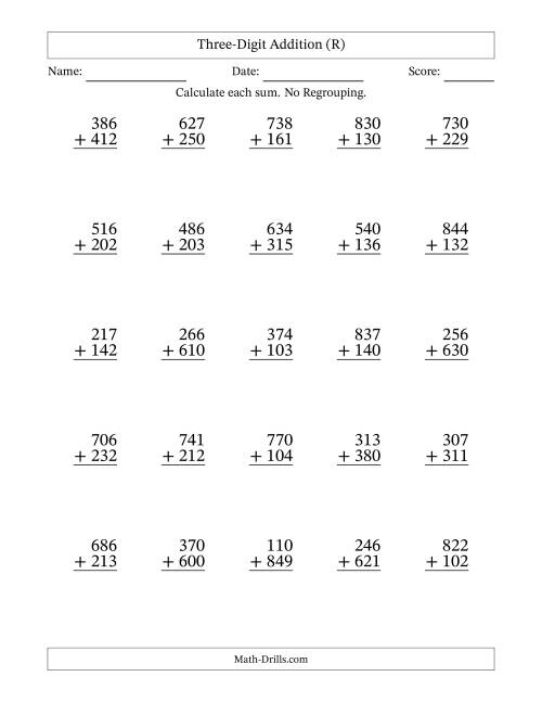 The Three-Digit Addition With No Regrouping – 25 Questions (R) Math Worksheet