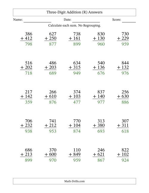 The Three-Digit Addition With No Regrouping – 25 Questions (R) Math Worksheet Page 2