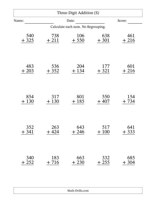 The Three-Digit Addition With No Regrouping – 25 Questions (S) Math Worksheet