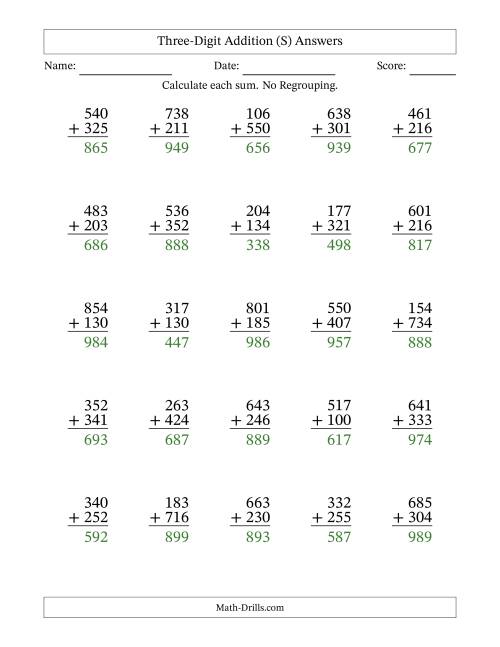 The Three-Digit Addition With No Regrouping – 25 Questions (S) Math Worksheet Page 2