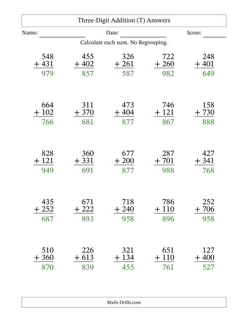 The Three-Digit Addition With No Regrouping – 25 Questions (T) Math Worksheet Page 2