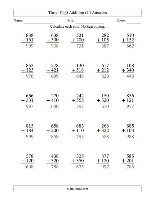 The Three-Digit Addition With No Regrouping – 25 Questions (U) Math Worksheet Page 2