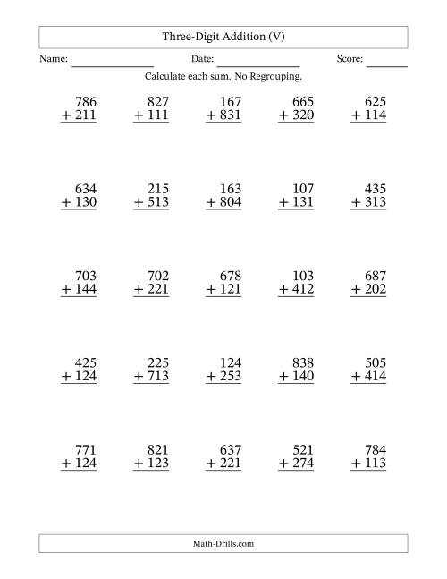 The Three-Digit Addition With No Regrouping – 25 Questions (V) Math Worksheet