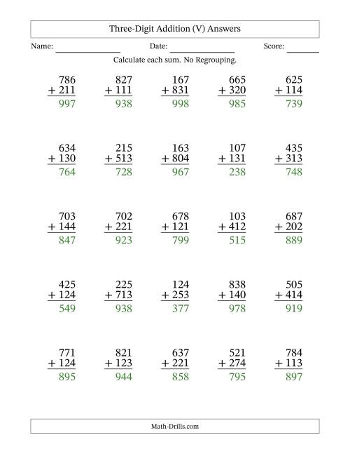 The Three-Digit Addition With No Regrouping – 25 Questions (V) Math Worksheet Page 2