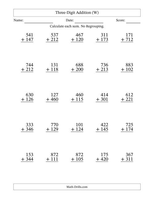 The Three-Digit Addition With No Regrouping – 25 Questions (W) Math Worksheet