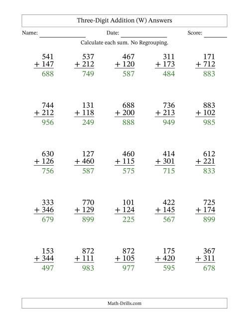 The Three-Digit Addition With No Regrouping – 25 Questions (W) Math Worksheet Page 2