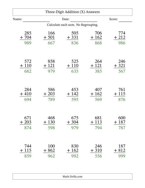 The Three-Digit Addition With No Regrouping – 25 Questions (X) Math Worksheet Page 2