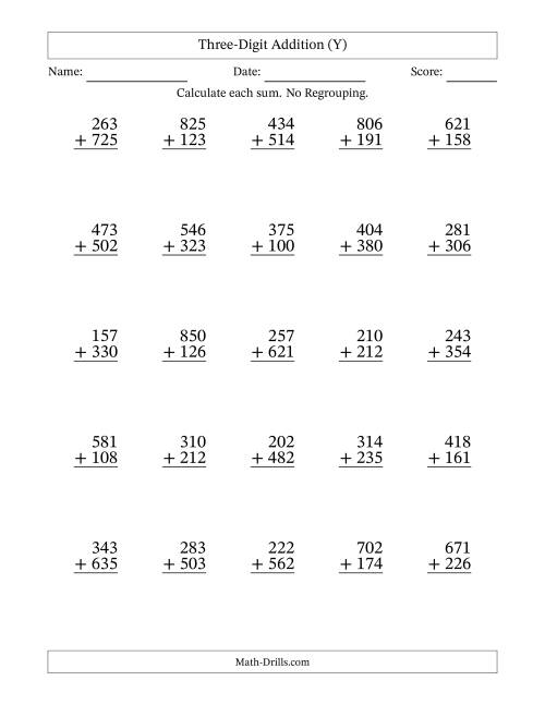 The Three-Digit Addition With No Regrouping – 25 Questions (Y) Math Worksheet