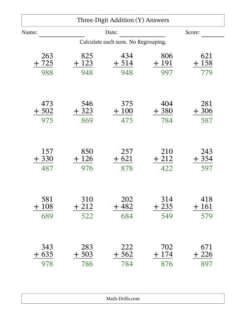 The Three-Digit Addition With No Regrouping – 25 Questions (Y) Math Worksheet Page 2