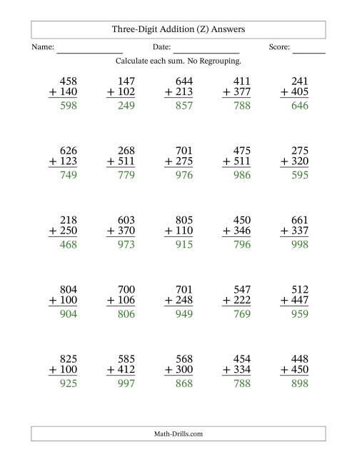 The Three-Digit Addition With No Regrouping – 25 Questions (Z) Math Worksheet Page 2