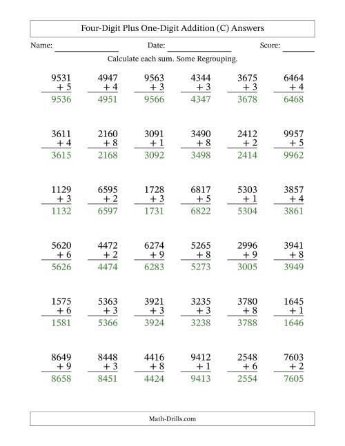 Four-Digit Plus One-Digit Addition -- 36 Questions (C)