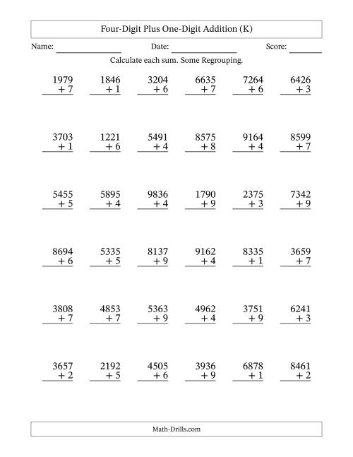 The Four-Digit Plus One-Digit Addition With Some Regrouping – 36 Questions (K) Math Worksheet