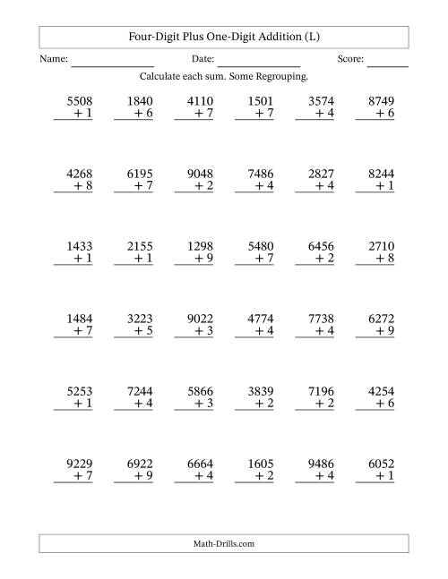 The Four-Digit Plus One-Digit Addition With Some Regrouping – 36 Questions (L) Math Worksheet