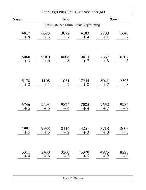 The Four-Digit Plus One-Digit Addition With Some Regrouping – 36 Questions (M) Math Worksheet