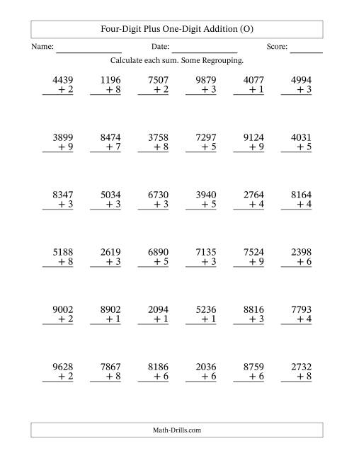The Four-Digit Plus One-Digit Addition With Some Regrouping – 36 Questions (O) Math Worksheet