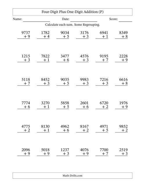 The Four-Digit Plus One-Digit Addition With Some Regrouping – 36 Questions (P) Math Worksheet