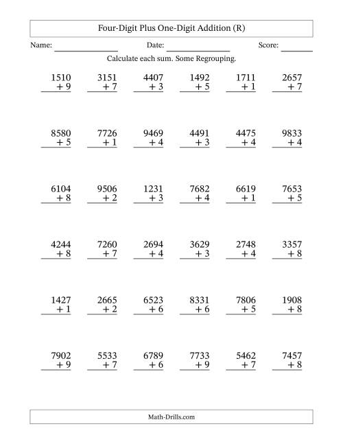 The Four-Digit Plus One-Digit Addition With Some Regrouping – 36 Questions (R) Math Worksheet