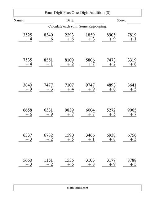 The Four-Digit Plus One-Digit Addition With Some Regrouping – 36 Questions (S) Math Worksheet