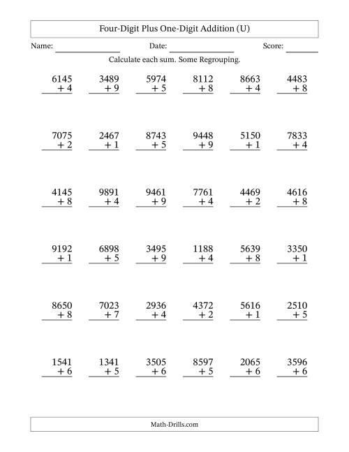 The Four-Digit Plus One-Digit Addition With Some Regrouping – 36 Questions (U) Math Worksheet