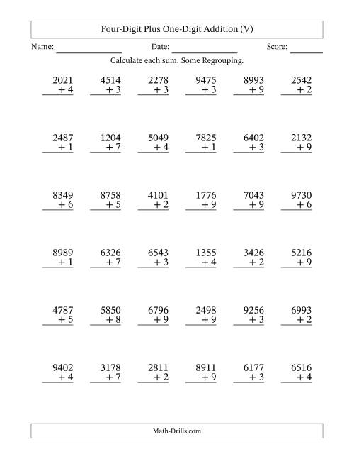 The Four-Digit Plus One-Digit Addition With Some Regrouping – 36 Questions (V) Math Worksheet