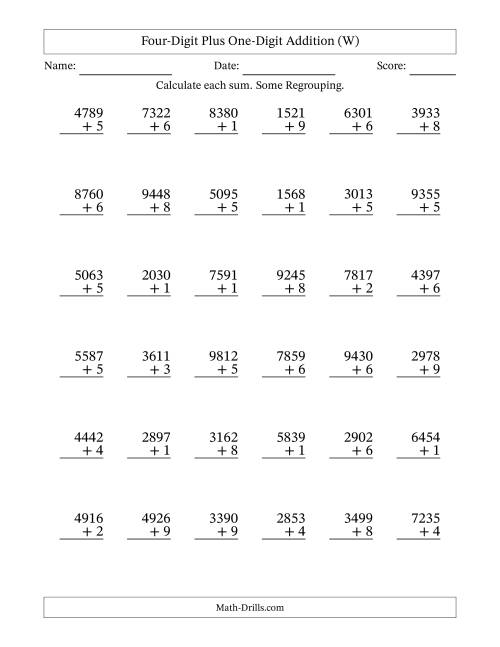 The Four-Digit Plus One-Digit Addition With Some Regrouping – 36 Questions (W) Math Worksheet
