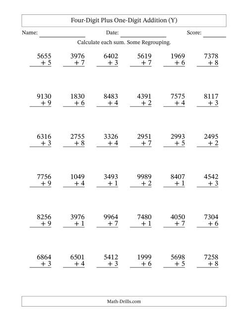 The Four-Digit Plus One-Digit Addition With Some Regrouping – 36 Questions (Y) Math Worksheet