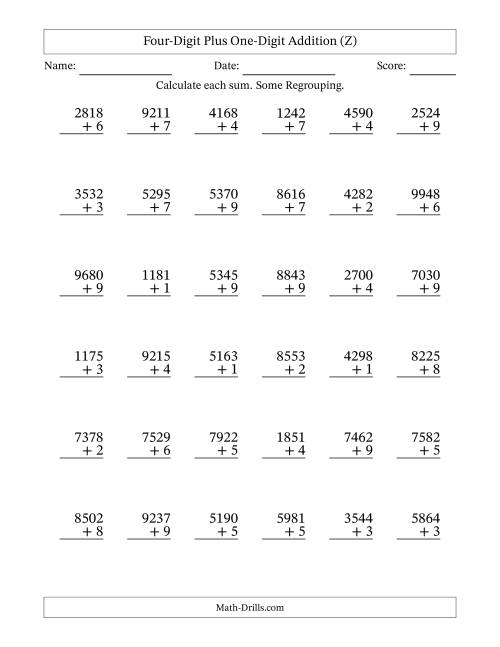 The Four-Digit Plus One-Digit Addition With Some Regrouping – 36 Questions (Z) Math Worksheet