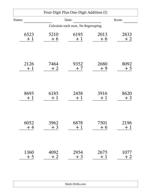 The Four-Digit Plus One-Digit Addition With No Regrouping – 25 Questions (I) Math Worksheet