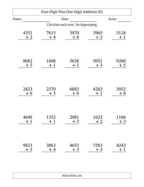 The Four-Digit Plus One-Digit Addition With No Regrouping – 25 Questions (K) Math Worksheet